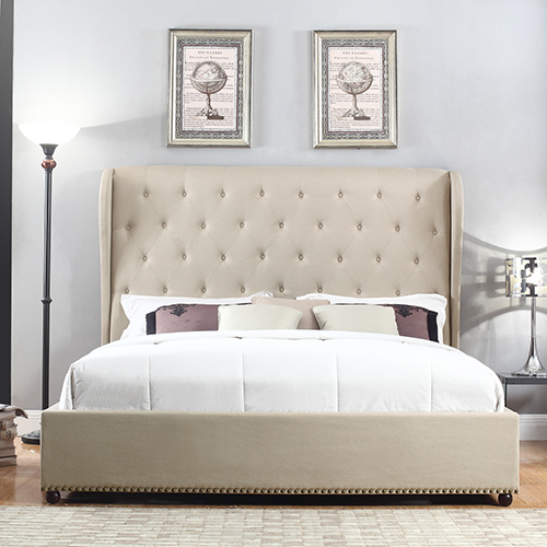 Paris Quality Linen Fabric Upholstered Wing Bed Frame With Diamond Tufted Detailing High Bedhead